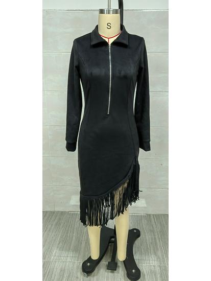 2025 Western Cowboy Style Suede Tassel Slim Fit Long Sleeve Dress