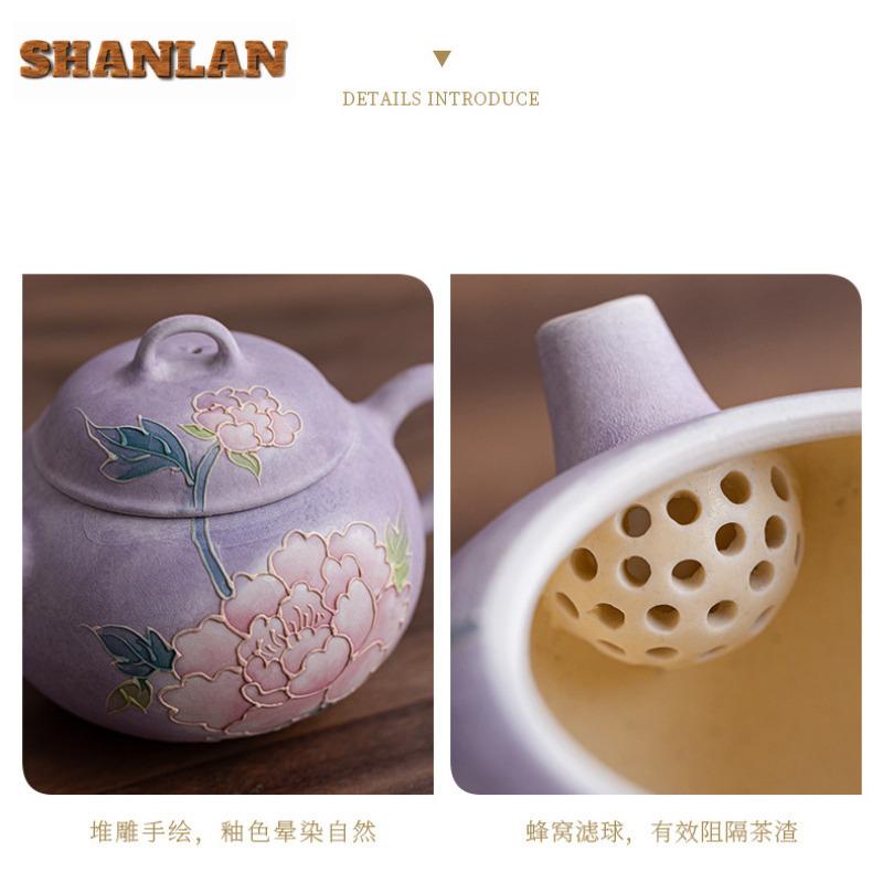 170ml Hand-painted Carved Peony Teapot Vintage Tea Infuser Pot Tea Soaking Kettle With Ball Hole White Tea Drinkware Ornaments