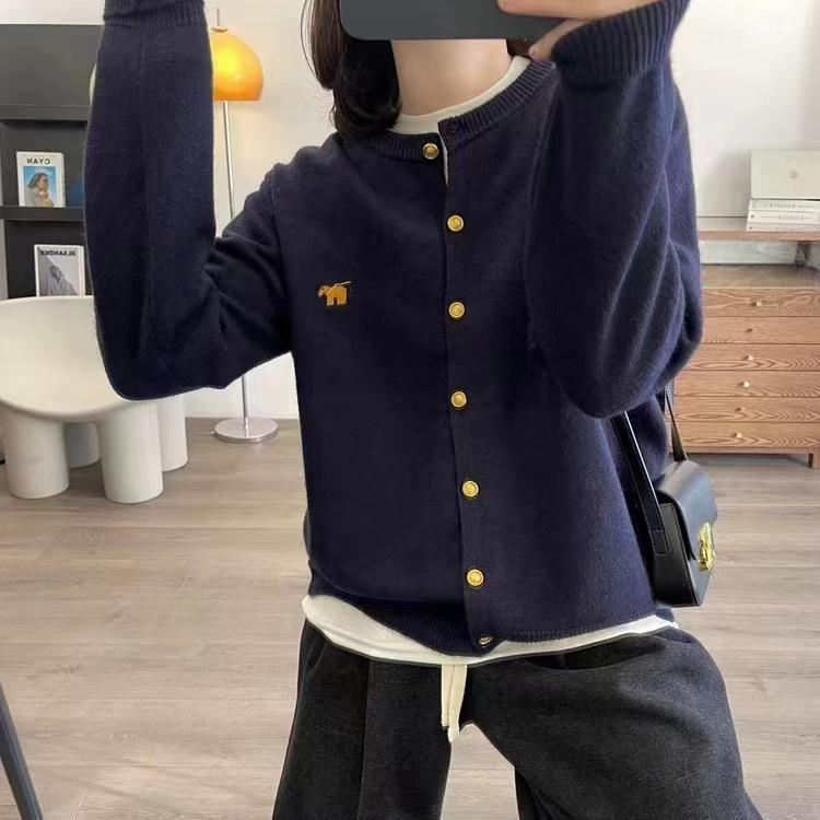 Exquisite Little Horse Embroidered Wool Cardigan with Round Neck and Metal Buckle