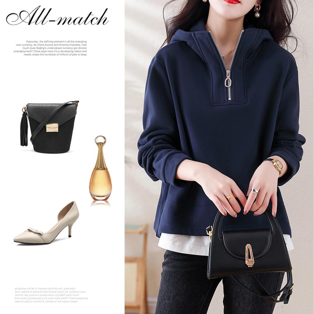 Hooded Long Sleeve Pullover Top with Contrast Brushed Loose Casual Plus Sizes Perfect for and Winter [CCGGOWMM] Women's Pattern, Fleece,