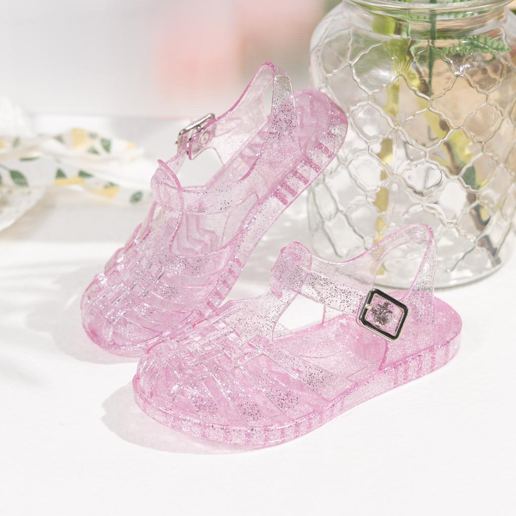 Sandali da Bambina in PVC Glitterato Gelatina Chiusura a Fibbia Scarpe Estive da Spiaggia Retro Intrecciate Traforate per Bambini Piccoli