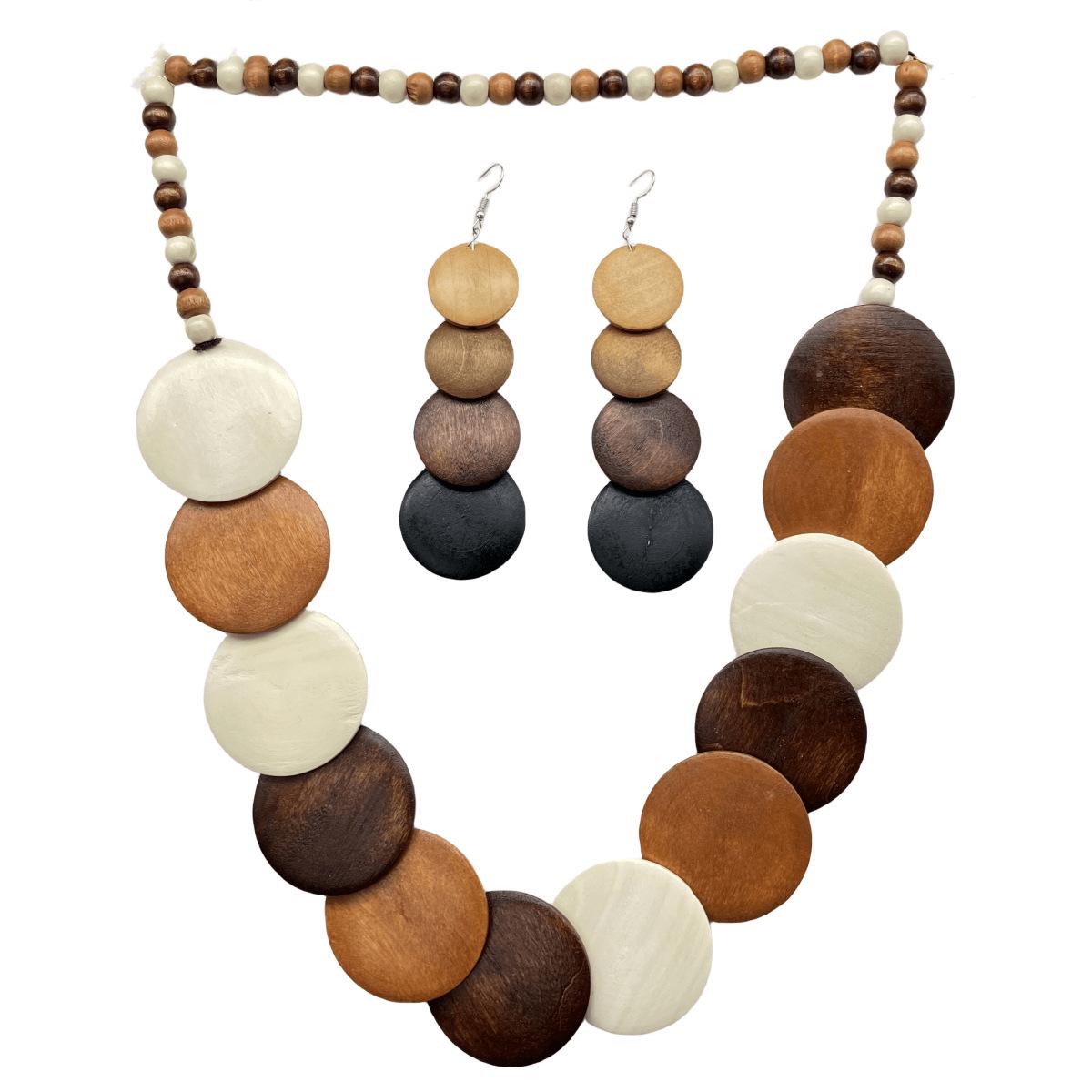 Bohemian Wooden Necklace and Earring Set: European and American Style with Cotton Linen Accents