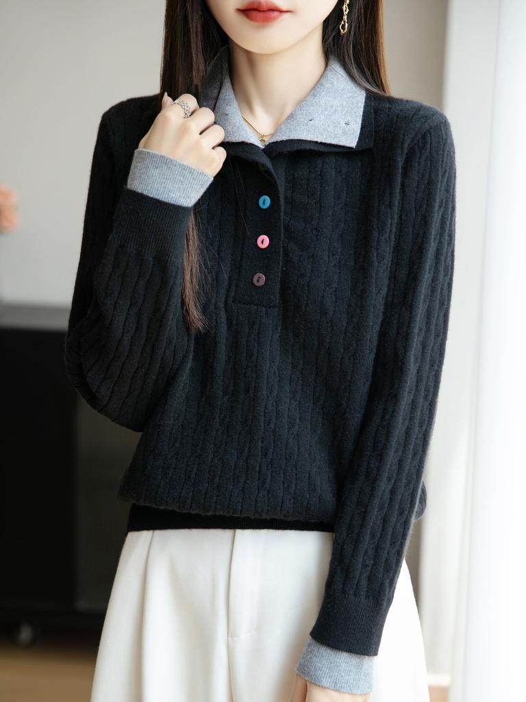 A High-end Retro Twisted Knit Sweater for Women's Autumn and Winter A New Double-collar and Half-open Neck Sweater
