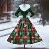 Women's Casual Dress Long-Sleeve V-Neck Patchwork Fleece Christmas Print Dress