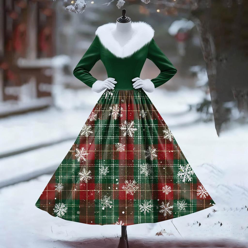 Women's Casual Dress Long-Sleeve V-Neck Patchwork Fleece Christmas Print Dress