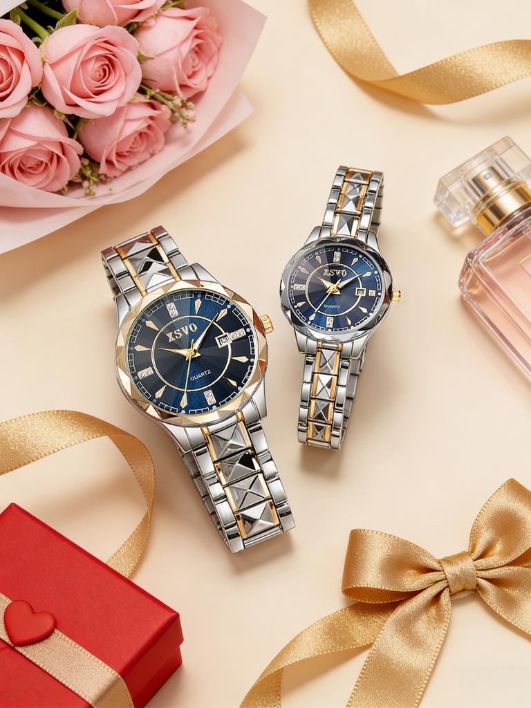 New Elegant Quartz Watch Couple's Watch Blue Disc with Diamond Calendar Functional Steel Chain Quartz Watch Set Daily Match