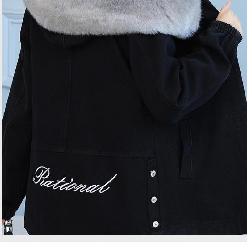 Winter Fashion Women Thickened Fleece Denim Coat With Hooded Embroidery Fur Collar Black Denim Jacket
