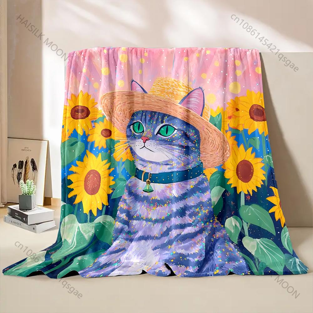 1PC Cat and Sunflower Flowers Print Blanket 4 Season Soft Fluffy Throw Kids Adult Quilt Sofa Throw Blanket  Travel Camping
