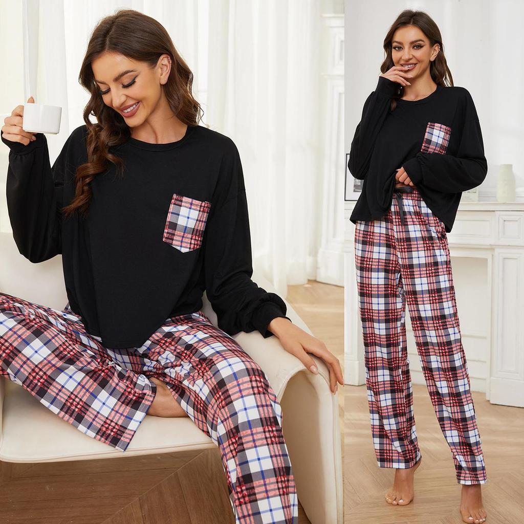 Pyjama 2 pièces pour femme, pantalon à carreaux, chemise à manches longues, vêtements de maison décontractés, printemps-automne