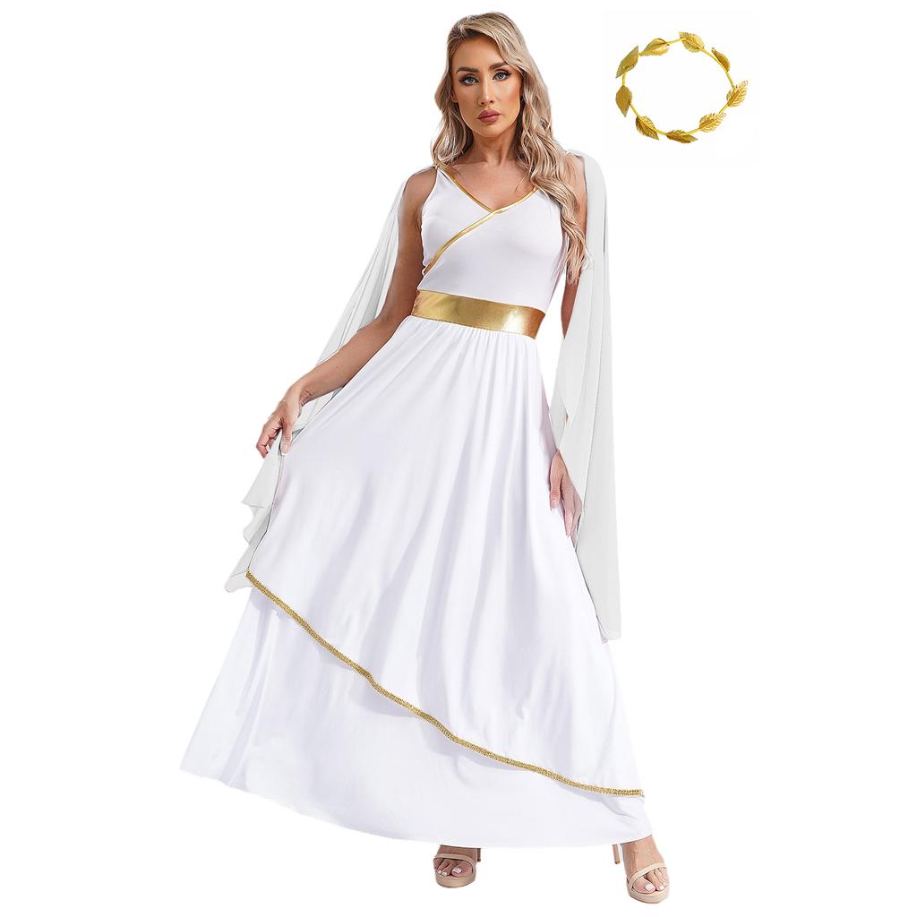 Womens Ancient Greek Roman Queen Costume V Neck Sleeveless Gold Trim Toga Dress Artificial Leaf Garland Headwear