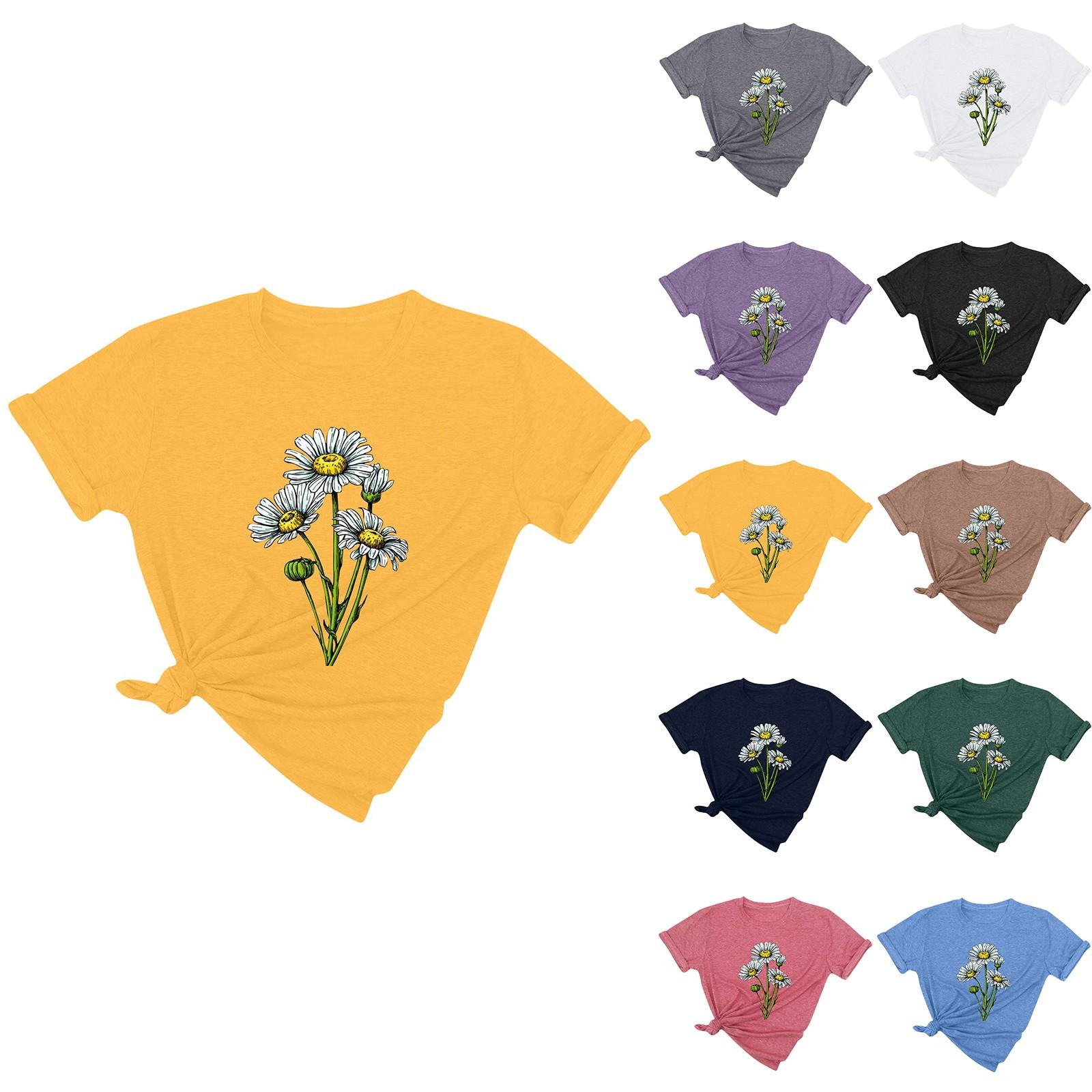 

Женская мода сплошной цвет круглый вырез небольшой пуловер с принтом хризантемы повседневная футболка