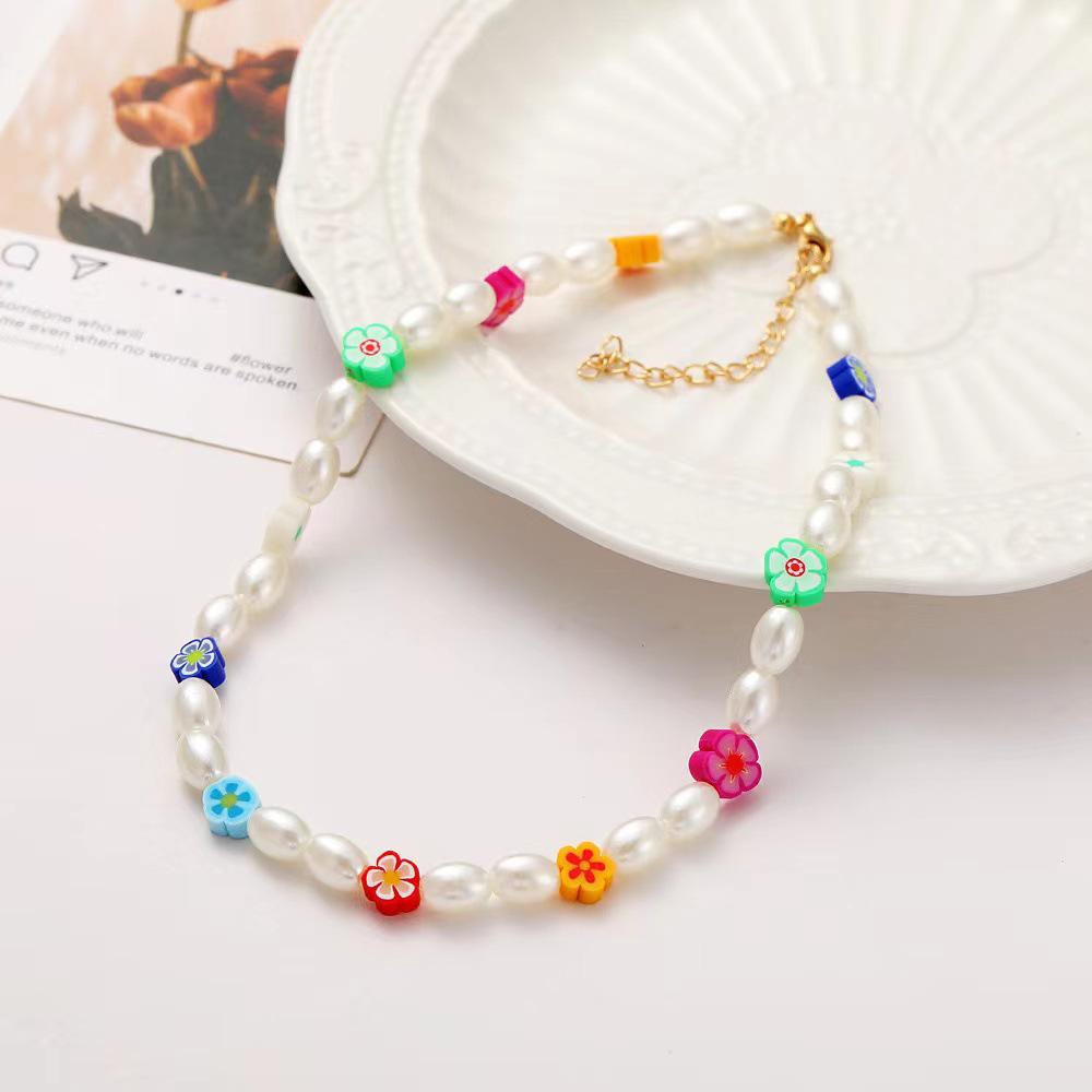 Women's Clavicle Necklace Set: White Rice Beads, ABS Pearl, Shell, Soft Clay Flower, Cherry Pendant