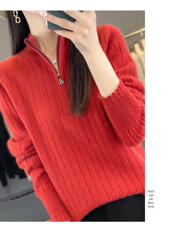 Women's Heavy-Duty Half-Zip Cable Knit Wool Sweater - Warm, Thickened Stand Collar for Autumn & Winter