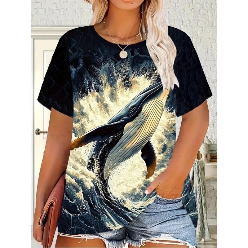Casual Fashion Simple Abstract Painting Animal Sea Dolphin Breathable 3D Printed Round Neck Short Sleeve T-shirt Casual Sports Shirt