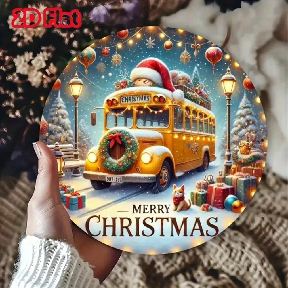 

1pc Rustic Christmas Yellow School Bus Sign, Snowy Santa Hat Metal Plaque, Holiday Wall Decor for Bar 20x20 разноцветный