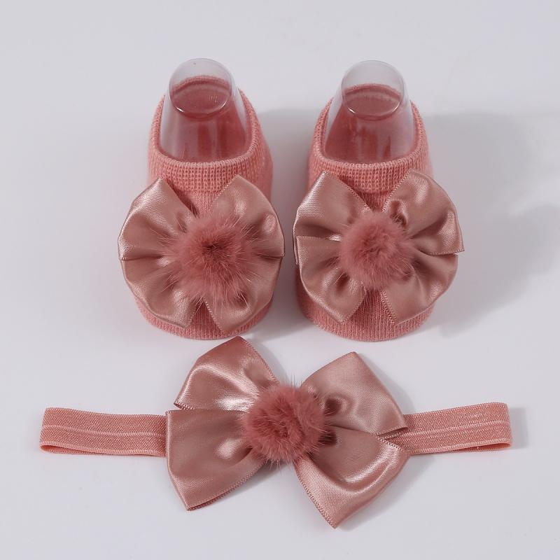 Baby Girl Princess Socks With Headband, Plush Bowknot Children's Socks Solid Color Kids Socks