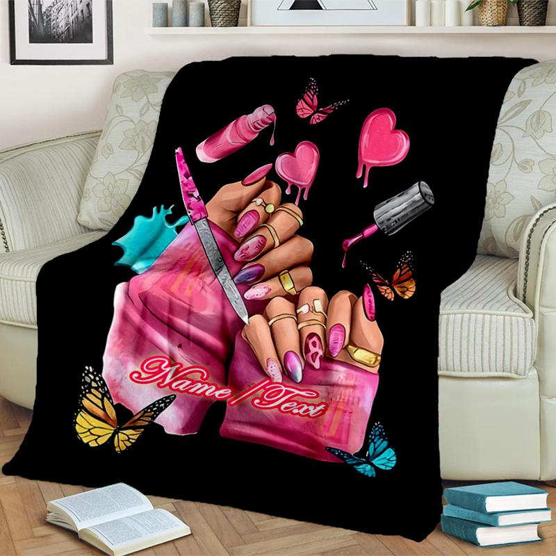 1PC Custom Name Nail Art outdooor Flannel blankets Throw Blanket All-Season Throw Gift Bedspread for Couch, Bed, Camping Holiday Birthday gift