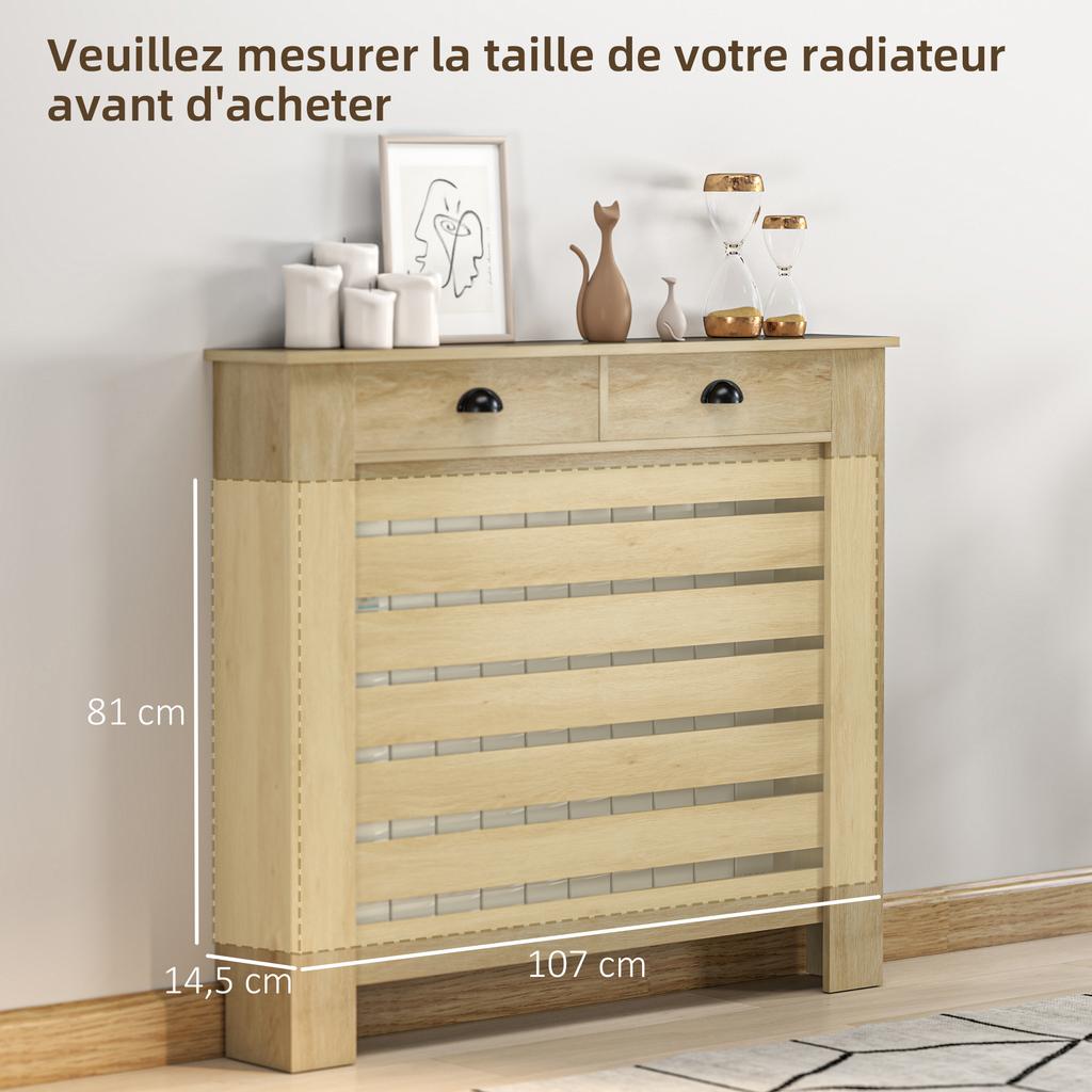 Kryt radiátoru, mřížka radiátoru s vodorovnými lamelami a 2 dřevěnými zásuvkami, 111 Š x 19 H x 95,5 V cm, dub