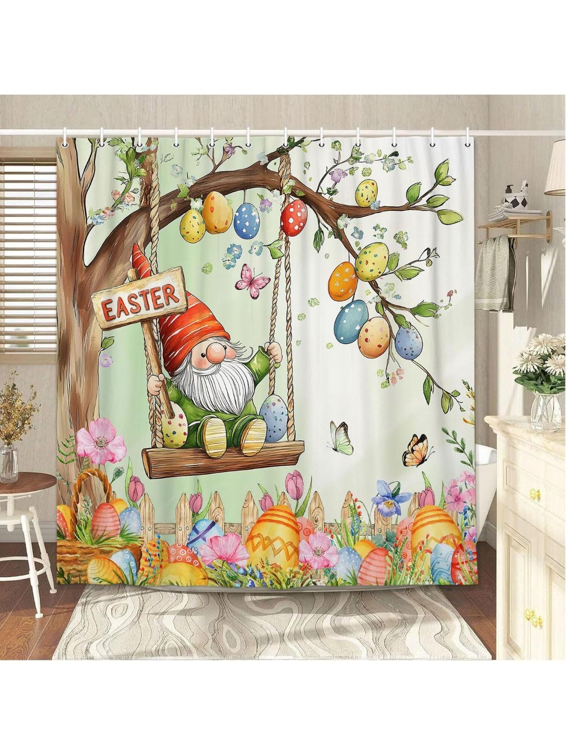 

Easter Shower Curtain Happy Easter Cute Gnome Bathroom Decor Set With Colorful Easter Eggs, Cloth Fabric Bathroom Decor Set With W60H190(CM)-1 Pcs
