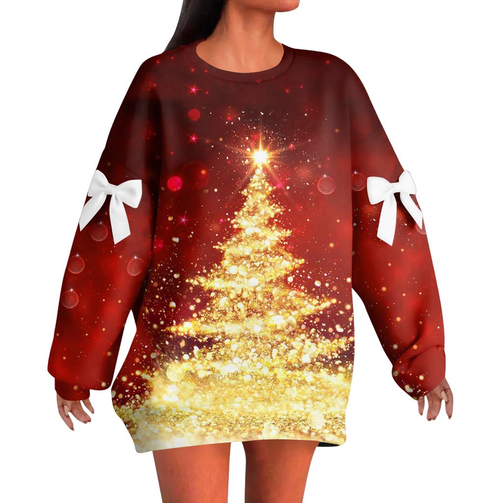 Ladies' Christmas Printed Bow Round Neck Long Sleeved Loose Pullover Sweater Sweatshirt Top
