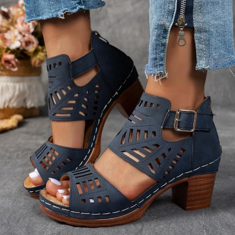 Women's Western Style Cutout Sandals, Chunky Heel Dressy Evening Shoes, Breathable Open-Toe Heels Wide Width Available