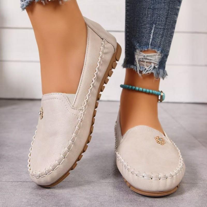 Womens Flat Loafer Slip-On Shoes With Embroidery Breathable PU Upper Comfortable Rubber Sole Casual