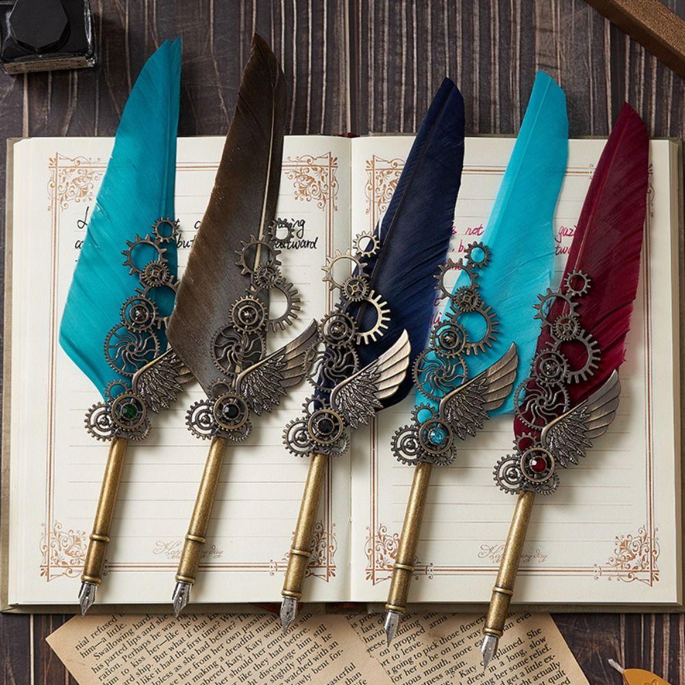 Boxed Dipped ink pen Quill Feather Dip Pen with 5 Nib Set Fountain Pen with Ink Calligraphy Pen