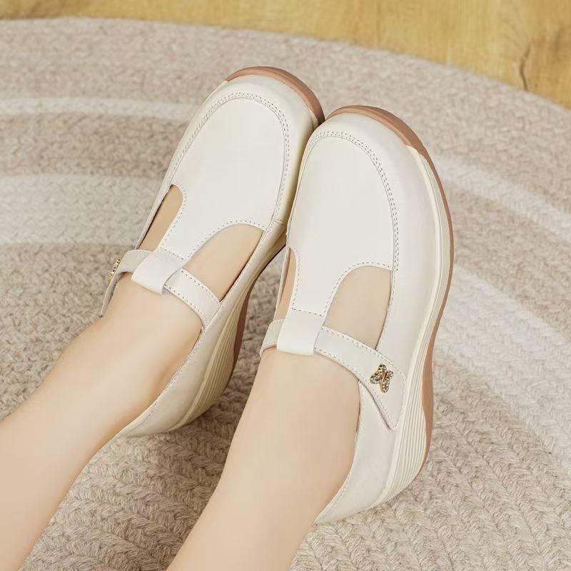 Not Tired Feet Women's Shoes Soft Sole Hollow Leather Shoes Women's Summer New Casual Thick Sole Velcro Slope Heel Single Shoes Women