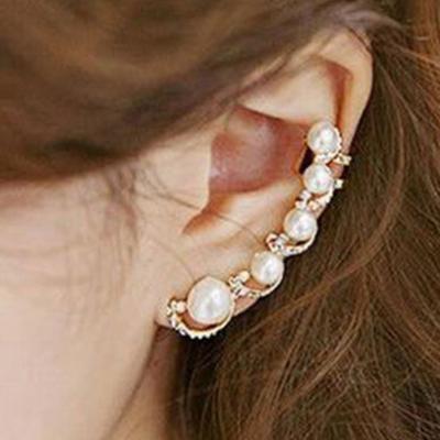1Pc Women Rhinestone Faux Pearl Ear Clip Cuff Earring for Left Ear