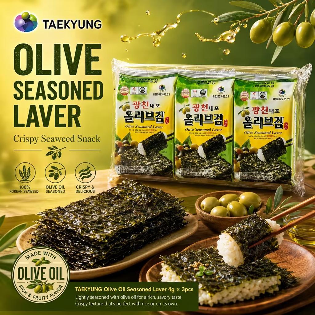 TAEKYUNG Alge Condimentate cu Ulei de Măsline 4g*3buc | Aromă bogată de ulei de măsline, textură subțire și crocantă, gust blând și savuros de alge marine