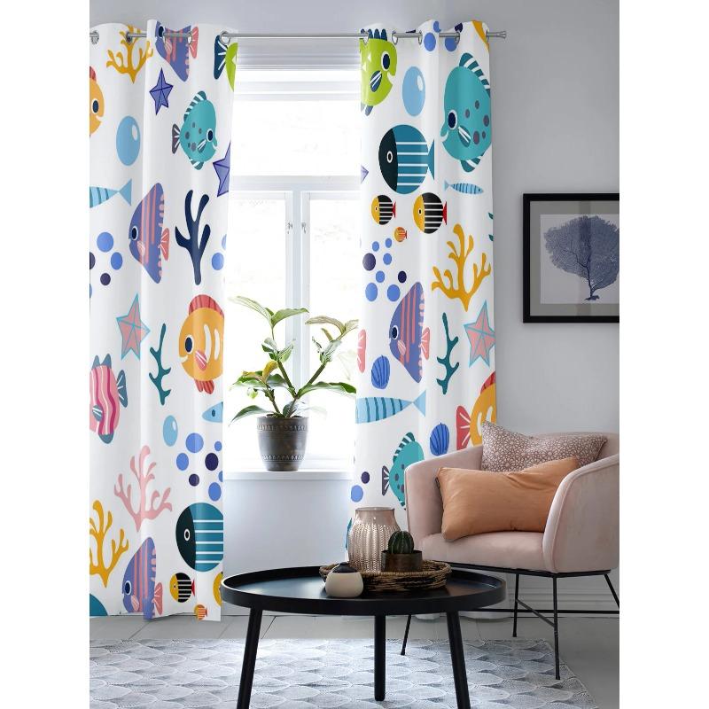 Cartoon Tiere Fische Korallen Muscheln Fenstervorhänge für Wohnzimmer Schlafzimmer Vorhang Modern Küchenrollos Vorhänge