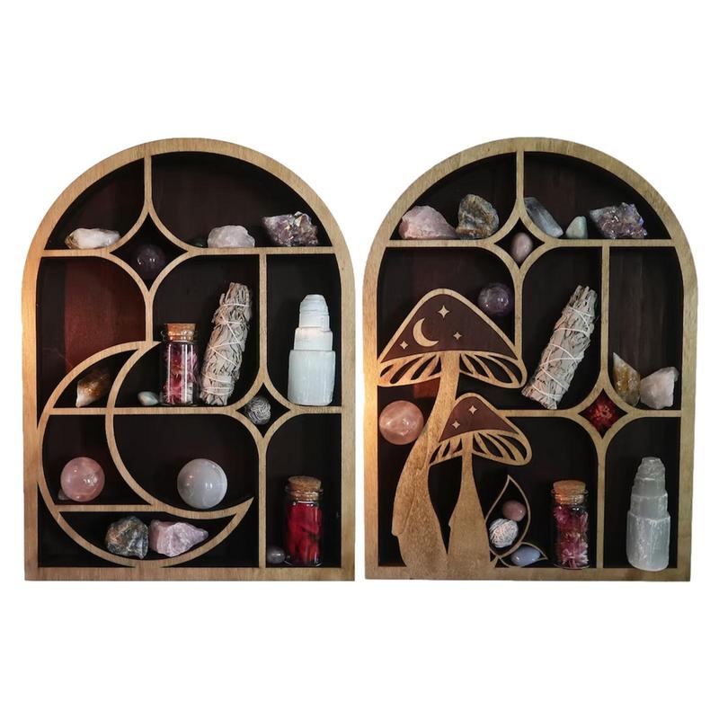 Arch Crystal Shelf Wooden Mushroom Moon Shelf Wall Mounted Storage Rack Hanging Moon Shelves Wall Decor For EssentialOil Nurser