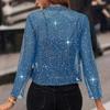 Women's Mesh 3/4 Sleeve Open Front Sequin Bolero Glitter Cropped Cardigan Jacket Cocktail Party Shrug Short Coats Sea Blue XXL New Arrival