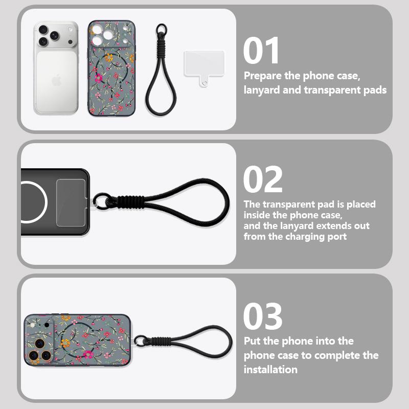 Little Flower Pattern Magnetic Lanyard Phone Case For iPhone 17 Pro Max 16 15 14 13 Pro Max For Magsafe Shockproof Hard PC Cover