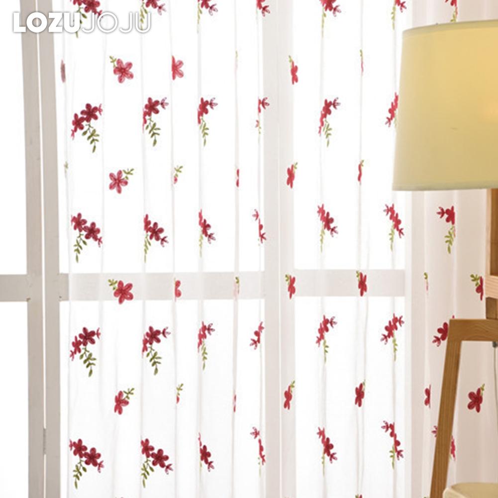 1PC LOZUJOJU Exquisite and Versatile Pastoral Style Red Floral Embroidered Sheer Curtain Tulle for Living Room Bedroom Window Decoration Home Decor