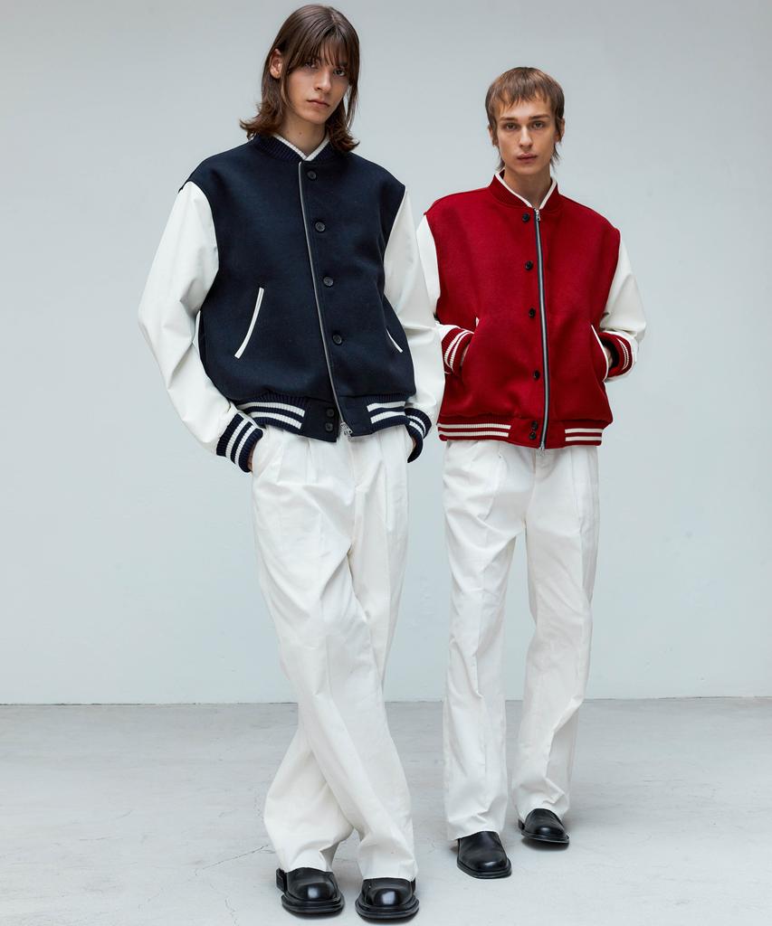 Trip Le Sens Double Button Zipper Wool Varsity Jacket_Red