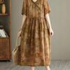Women's V-neck Ramie Dress: Loose Fit, Short Sleeve, Side Drawstring Waist, Printed, Summer Fashion