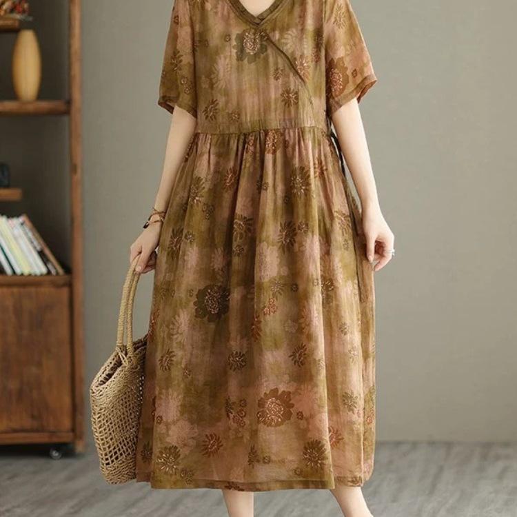 Women's V-neck Ramie Dress: Loose Fit, Short Sleeve, Side Drawstring Waist, Printed, Summer Fashion