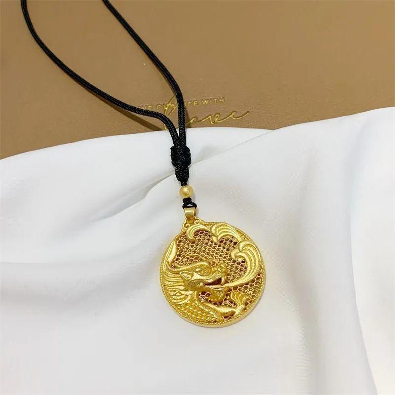 Ethnic Style Sand Gold Auspicious Dragon Round Pendant Necklace