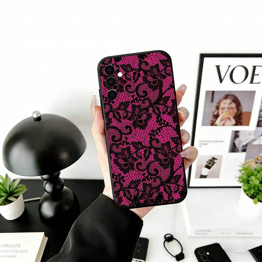 B-Black Lace Print Phone Case For Samsung Galaxy A73,A72,A71,A70,A53,A52,A51,Others Soft Black Cover