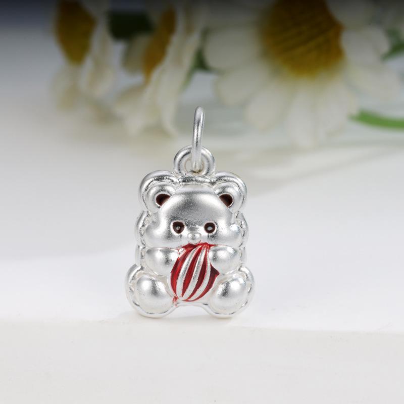 Handmade 999 Sterling Silver Painted Bear Pendant with Braided Rope Bracelet серебряный