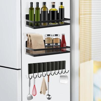 4 Stück Magnetische Gewürzregale mit Papierhalter Bewegliches 10 Haken Rack Metall Kühlschrank Organizer mit Schutzgitter Rundes Eckdesign