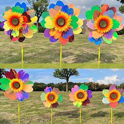 1 Set Outdoor Garden Decor Double Layered Sunflower Windmill Rotating Sunflower Wind Spinner Stake Standing Lawn Flower Pinwheel
