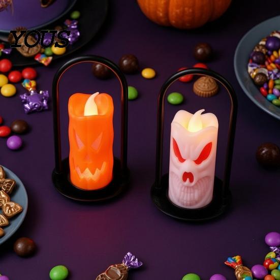 Halloween Home Decoration LED Flameless Pillar Candles, Spooky Face Handheld Candle Light, Battery Operated Flickering Fake Candles for Party
