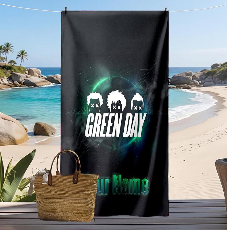 Green Day Custom Beach Towel, Print Your Name Text Lightweight Absorbent Towel for Swimming Travel