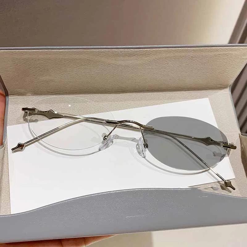 Retro Oval Frameless Photosensitive Color Changing Myopia Glasses Fashionable Anti Blue Light Reading Glasses Women'S Eyepieces