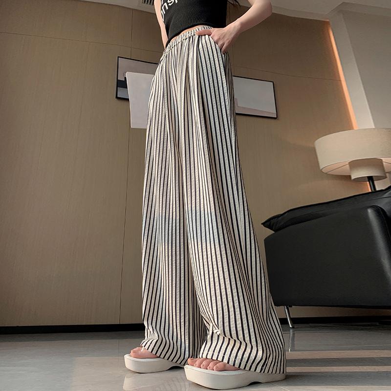 

Легкие полосатые брюки из ледяного шелка с широкими штанинами, женские летние тонкие брюки с высокой талией и защитой от солнца, повседневные свободные прямые брюки XS чёрный