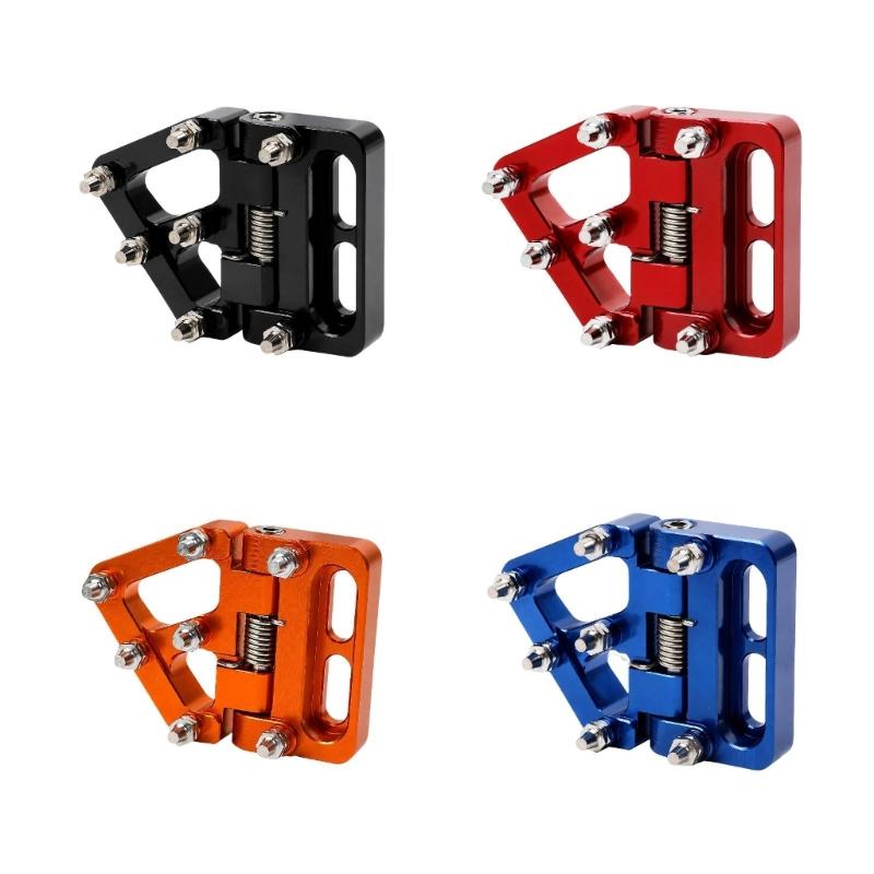 Metal-Pin Motorcycle Brake Toe Tip with Pivoting Spring Hinge, Aluminum Body, and an Elongated Slotted Attachment Section