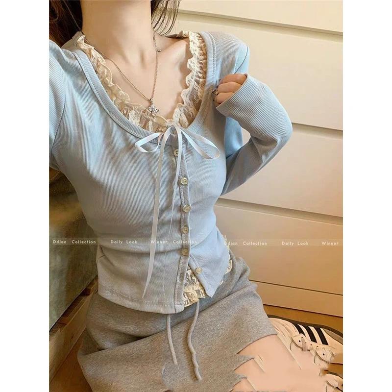 Spitzenbesatz Strickjacke mit Bindeband vorne Slim Fit Knopfleiste Pullover