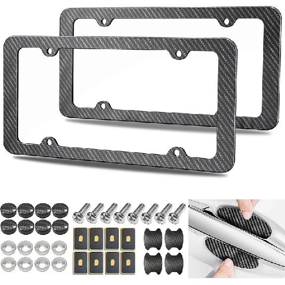 Carbon Fiber License Plate Frames- Black Plastic Car Tag Holder, 2 Pack 2 Hole Front Rear Bracket With Screw Caps And Car Door Handle Stickers
